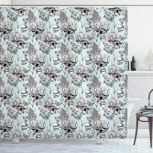 Ambesonne Shabby Flora Shower Curtain, Vintage Monochrome Pond Water Flowers Lily Carp Snail Twigs Art, Cloth Fabric Bathroom Decor Set with Hooks, 69 W x 75 L, Pale Blue White Black