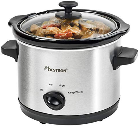 Bestron Mijoteuse électrique, Avec corps en céramique et couvercle en verre, 1,5 l, 120 W, Acier inoxydable, Argent