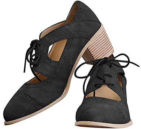 JITUUE Oxford Chunky Heels Brogue Saddle Lace up Vintage Wingtip Black 8