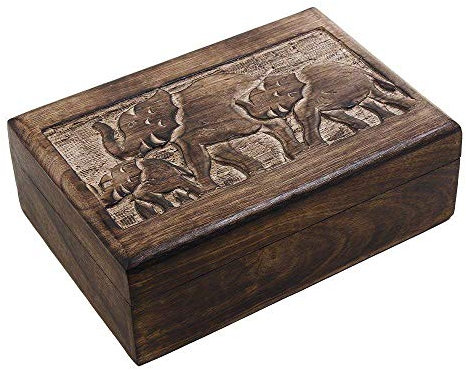 Ajuny Hand Carved Wooden Decorative Jewelry Box Elephant Motif Design Rustic Finish Keepsake Storage Travel Organizer Vintage Style Treasure Chest Trinket Holder Gifts