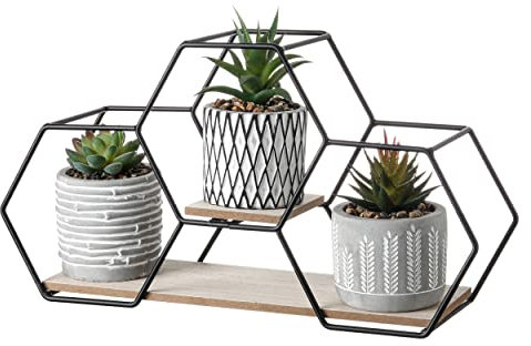 TERESA'S COLLECTIONS Moderne Kunstpflanze mit Metall-Holzbock für Heimdekoration, 3er Set künstliche Sukkulenten in geometrischem Keramik,Wohnzimmer Deko Tischdeko