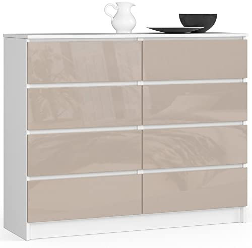Kommode K-120 mit 8 (2 x 4) Schubladen | für das Wohnzimmer Schlafzimmer Schrank Büro Arbeitszimmer | Modernes Funktionales Design | B120 x H99 x T40 cm, Gewicht 65 kg | Weiß / Glänzender Cappuccino