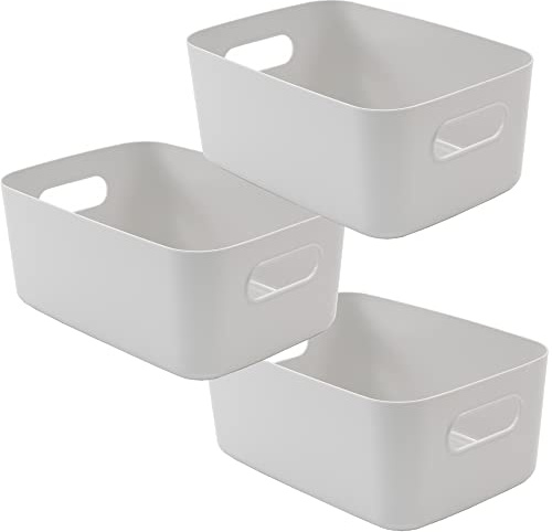 SA Products Set of 3 Storage Box - Grey Storage Boxes With Handle - Stackable & Minimalist Rectangular Plastic Storage Baskets - Stylish Cupboard Organiser For Kitchen, Home, Office and Bathroom