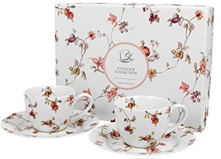 DUO Floral SAFA Lot de 2 tasses à expresso 90 ml avec soucoupes en porcelaine New Bone China