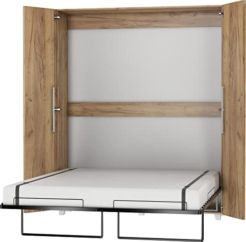 BIM Furniture Väggsäng, skåpsäng, teddy 160 x 200 cm, sängskåp, vertikal väggklappsäng, skåp med integrerad fällsäng, funktionell säng inkl. ribbotten (Craft Gold)