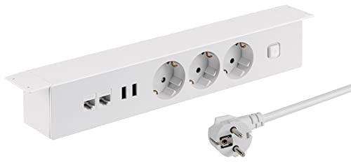 maxtrack Tischsteckdose NV64L 3-Fach Schutzkontakt mit 2X USB und 2X LAN Anschluss, Mehrfachsteckdose für Zuhause Anschraubbar, Knopf zum EIN- und Ausschalten, Steckdosenleiste mit 1,8m Kabel