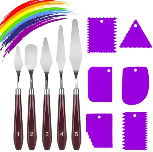 11 Piezas Espatulas Pintura, 5 Piezas Cuchillas de Paleta de Acero Inoxidable y 6 Piezas Rascadores de Plástico Accesorios de Pintura Material Artístico para Pintura al óleo, Gouache (Morado)