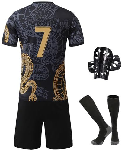 Pardofelis Fußball Trikot für Kinder, Trikot Nr. 7 Fußballtrikots Fussball T-Shirt Shorts Socken und Schienbeinschoner Set, Outdoor Football Jersey für Junge Anzug (Schwarz, 22)