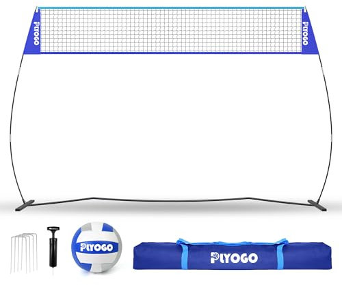 PLYOGO Volleyball Net, 14FT Freestanding Volleyball Net for Backyard, Adjustable Height and Instant Setup, Professional Portable Training Practice Set for Indoor and Outdoor with Carry Bag