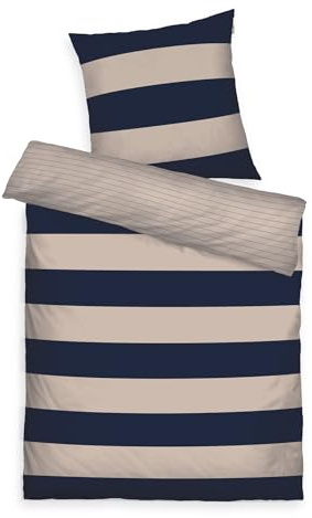 TOM TAILOR Renforcé-Bettwäsche, 60x80 cm + 140x200 cm, 100% Baumwolle/Renforcé, mit Wendemotiv und farbigem Markenreißverschluss, BOLD STRIPES Blau, Beige (Dark Navy, Sunny Sand)