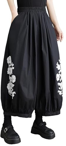 ellazhu Damen Haremshose mit weitem Bein und Kordelzug, elastischer Bund, tiefer Schritt, Hakama, GZ81 A, Schwarz223, S/XL