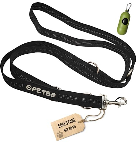 Petbo® Hundeleine 2m verstellbar | Edelstahl | Freihandleine für kleine Hunde & Große Hunde (60 kg) - Reflektierende Umhängeleine 3-Fach verstellbar (1m, 1,25m, 1,75m)