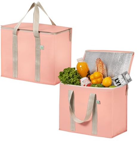 VENO 2 Pack Cooler Bag and Insulated Grocery Bags for Food Delivery, Collapsible Cooler. Reusable Shopping Bags for Groceries with Hard Bottom, Zippered, Foldable, Heavy-Duty (Peach Pink, 2 Pack)