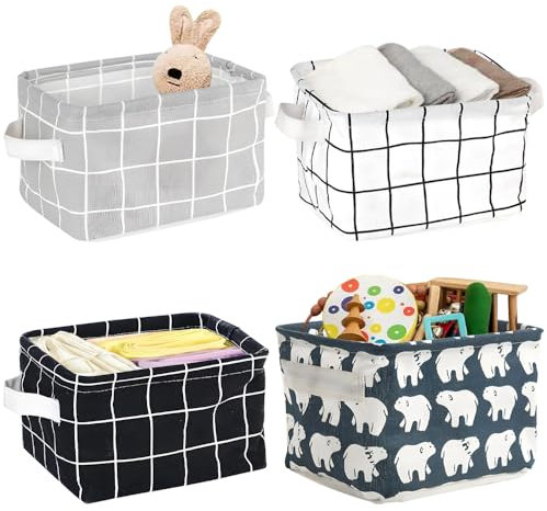 Canvas Storage Box, 4 Packs Fabric Storage Basket Organizer with Handles, 20x16x14cm Storage Boxes, Foldable Fabric with Handles Collapsible for Cupboards Wardrobe Shelves Clothes Toys(4 Colors)