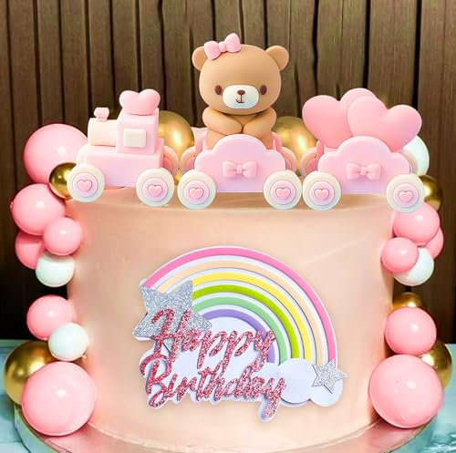 JeVenis adornos de tarta oso rosa decoracion de tarta oso tren bola rosa oro blanco para niña babyshower cumpleaños fiesta decoraciones