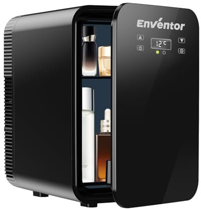 Enventor Mini Frigo de Chambre 10L, Petit Frigo avec Double Système de Refroidissement, 12V/220V, Fonction Refroidissement et Chauffage, Compact Fridge Cosmétique pour Voitures, Chambres, Bureaux