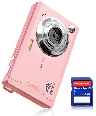 Digitalkamera CCN, 48MP 1080P FHD Fotokamera mit 3,0 Zoll Bildschirm, 16X Digitalzoom Tragbar Kompaktkamera mit 32GB TF-Karte, USB-Kabel, für Teenager Erwachsene Anfänger, Rosa
