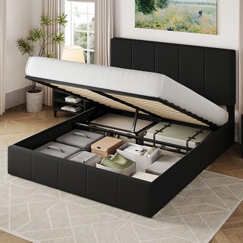 Allewie Queen Size Velvet Lift Up Hydrualic Storage Bed Frame, Black