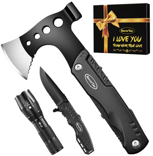 RoverTac Multitools - Set regalo 11 in 1 con ascia multiuso, torcia a LED, coltello tattico in confezione regalo I Love You, strumento regalo per marito, fidanzato, papà, attrezzatura da campeggio