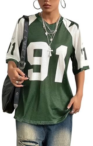 Fronage Jersey Tops for Women UK Oversized Basketball T Shirts Y2K Short Sleeve V Neck Mesh Aesthetic Streetwear Green