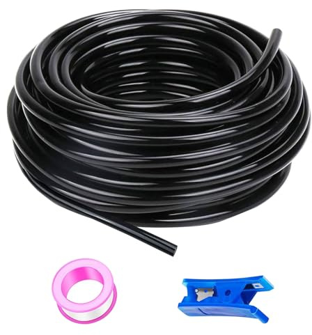 HUAZIZ Manguera neumática de poliuretano de 50 m, color negro, flexible, exterior de 6 mm x interior de 4 mm + 1 cortador de manguera azul + 1 cinta de teflón rosa