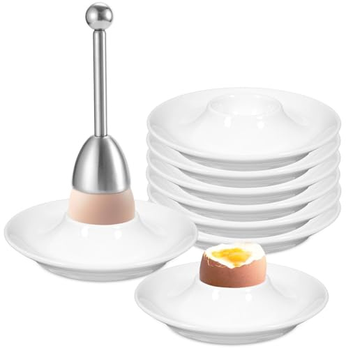 8PCS Egg Cups, Boiled Egg Holder with 1Pcs Egg Cracker, White Plastic Egg Cup Set for Hard Soft Boiled Eggs, Breakfast, Dinner, Microwave and Dishwasher Safe