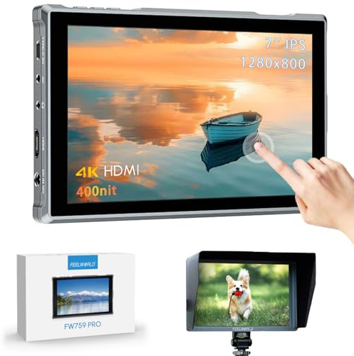 FEELWORLD FW759 Pro Pekskärmskamera Fältmonitor 17,8 cm (7) Peaking Video Assist, 300 g, 4K HDMI 1280X800 Kompatibel med DSLR med Solin, Stöd för DC, Type-C och NP-F Strömförsörjning