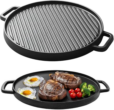 1 Pcs Cast Iron Griddle, 11.8 in Reversible Grill Griddle for Gas Grill & Stove Tops, Multifunctional Double-Sided Grill Pan with Ribbed Surface for Indoor Outdoor Use