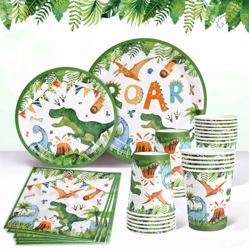 Juego de Vajilla de Dinosaurio, 96 Piezas Vajilla Dino para Fiesta Cumpleaños, Desechables Platos Papel Tazas y Servilletas para Dinosaurio Fiesta Cumpleaños Niño, Decoracion Jungle Safari 24 Invitado