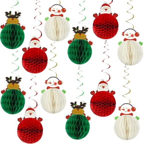 12 piezas de decoración de remolino colgante de Navidad, bolas de panal, Papá Noel, reno, muñeco de nieve, remolinos de techo, decoraciones colgantes para Navidad, invierno, suministros de fiesta