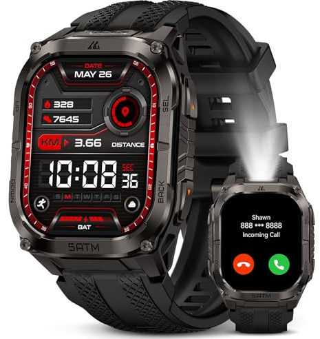 KOSPET Tank M4C Smartwatch con GPS, Corpo robusto in metallo completo, Torcia LED,Batteria 50 Giorni, Monitor Salute 24/7,5ATM/IP69K,170+ modalità sportive, Schermo da 1,96 pollici, Android & iOS Nero