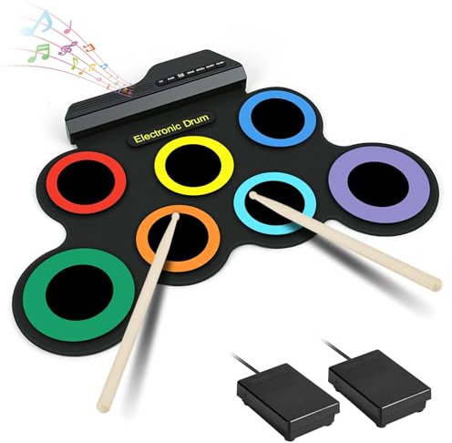 OFFCUP Elektroniskt Trumset Kit, Bärbart Elektroniskt Trumset Med 7 Paddlar Med 2 Pedaler Perfekt För Studenter, Nybörjare, Entusiaster - Färg-LED