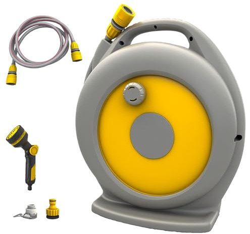 Carrete de manguera de 15 + 2 m con enrollador y 10 modos de pulverización – Enrollador automático de la manguera, conexión rápida, caja de manguera de jardín para lavado de coche, riego de jardín y