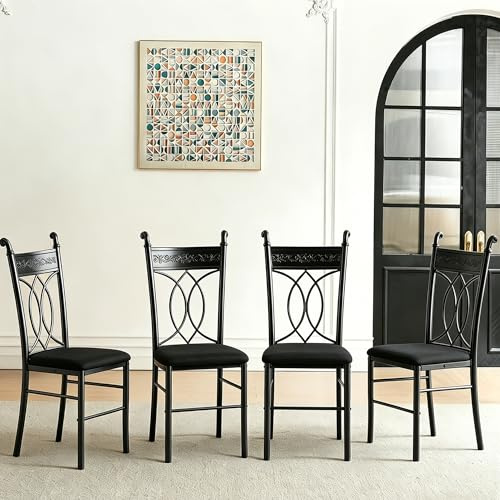 Chaises de Salle à Manger Lot de 4, Chaise de Cuisine avec Pieds en Métal, Assise Rembourrée en Cuir, Dossier Sculpté, Pieds Antidérapants, pour Salle à Manger, Salon, Jardin, Événements, Noir