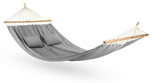 Amaca 200 x 150 cm, fino a 200 kg, per esterni, doppia amaca per 1-2 persone, in cotone con cuscino per giardino, balcone, terrazza, traspirante, per bambini e adulti, grigio