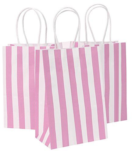 Ronvir 50Pcs Small Gift Bags 14 x 8 x 21cm, Pink Stripes Recycled Paper Bags With Handles for Party Favor,Business, Birthday, Baby Shower, Goodie, Christmas, Halloween