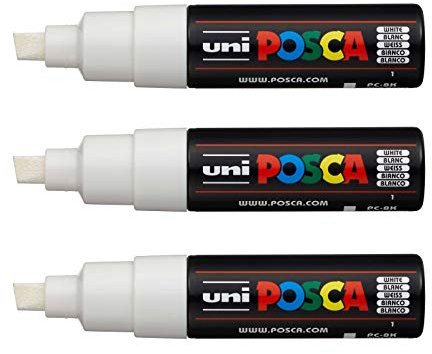 POSCA - Uni Mitsubishi Pencil - 3 Marqueurs Blanc PC8K - Pointe Biseautée Pointe Large 8 mm - Marqueur Peinture À Base d'Eau - Tout Support - Pour Papier, Textile, Verre, Galet
