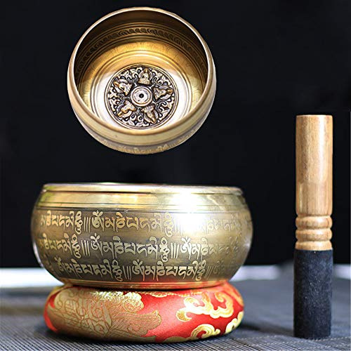 Gandhanra tibetansk sjungskål set, snidad med fem Buddha-statyer och Mentra från Om Mane Padme Hum, för ljudläkning, meditation, yoga, avkoppling, chakra-balans, handgjord i Nepal (14,5 cm)