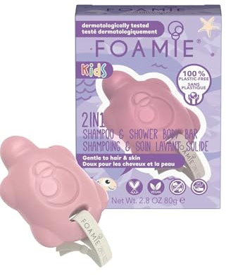 Foamie Shampoo per bambini e doccia schiuma solido 2in1 a forma di tartaruga con pesca e olio di mandorle delicato - 100% vegano e senza plastica 80g