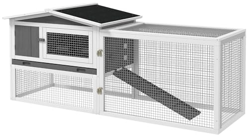 PawHut Rabbit Hutch 2-Story Bunny Cage, Guinea Pig Cage Indoor Outdoor, Small Animal House with Slide Out Tray, for Rabbits, Chickens, Ducks, 61.5 x 23 x 27, Light Gray