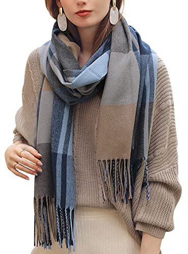 Écharpe Femme en Cachemire Imitation Classique Grande à Carreaux Longue Etole avec Franges Chaud Doux Confort Tissée Automne Hiver 65×185cm - Gris Bleu
