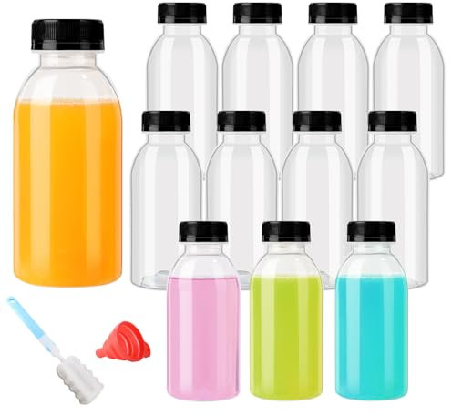 YBCPACK 12 Pack 300ml Heat-Resistant Reusable Plastic Juice Bottles With Lids-Plastic Smoothie Bottles-Empty Bulk Beverage Containers with Caps For Juice, Beverage(Dishwasher Safe)