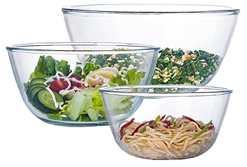 Glass Mixing Bowl Set of 3 for Kitchen, Baking, Prepping, Serving, Cooking 1.1QT, 2.5QT, 4.2QT Large Salad Bowl Set, High Brosilicate Bowl Set, Stackable, Non-toxic, Microwavable, Great Gift
