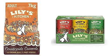 Lily's Kitchen Natural Adult Dry Dog Food Chicken & Duck Grain-Free Recipe 7kg & Natural Adult Wet Dog Food Tins Classic Dinners Variety Pack 6 x 400g