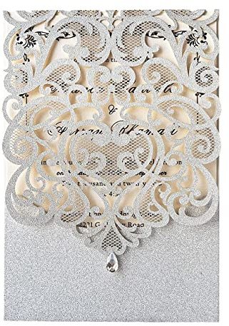 Hosmsua 20x Argento Invito di nozze con busta, taglio laser inviti cuore fiore cavo con strass per matrimonio compleanno anniversario invito di nozze (argento glitter)