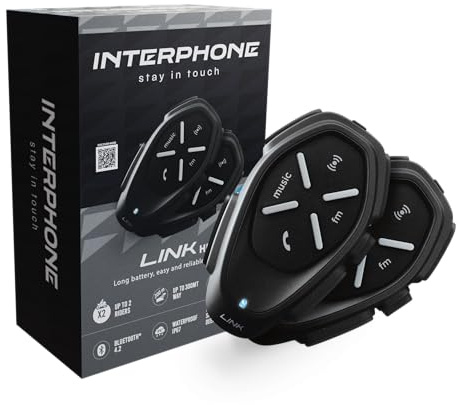 INTERPHONE LINK HD- Doppio - Interfono Casco Moto Auricolari Stereo Alta Fedeltà 40mm, Uso Pilota - Pilota, Distanza 300Mt, Autonomia 20 Ore, GPS, TFT, Impermeabile IPX67