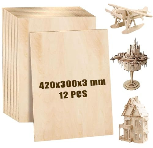 LOPYXBR Lot de 12 plaques de contreplaqué A3 3 mm, 42 x 30 cm, en bois de tilleul, panneaux de contreplaqué A3, pour travaux manuels, bricolage, modèle, peinture, gravure laser