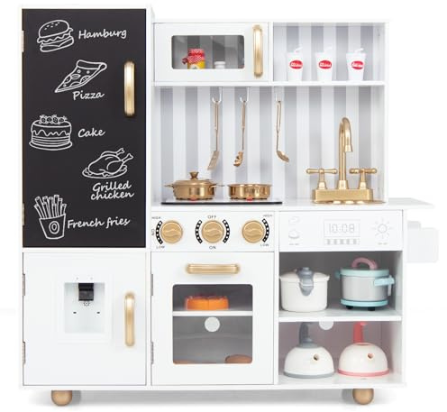 Costzon Play Kitchen for Kids, Wooden Toy Kitchen Set with Stoves, Microwave, Blackboard, Water Dispenser, Cooking Accessories, Kids Kitchen Playset with Sounds & Lights, Gift for Boys Girls Ages 3+