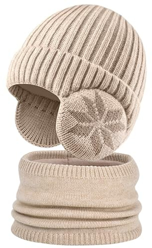 Heveer barn slip-mössa halsduk hattar balaclava för barn från 4 år ull mössa stickad mössa vintermössa pojkar, Beige, M