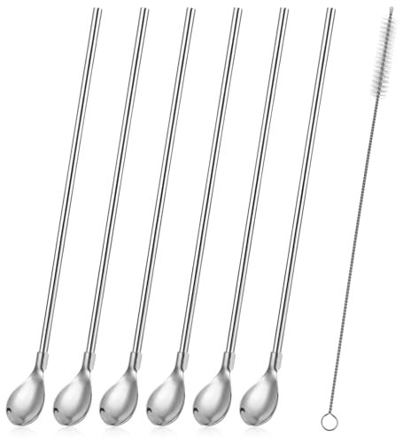 6Stück Edelstahl Trinkhalmlöffel,Latte Macchiato Löffel Wiederverwendbare Strohhalme Edelstahl Lang Löffelstrohhalme mit Reinigungsbürsten 2 in 1 Strohhalm mit Löffel für Milchshake,Cocktail